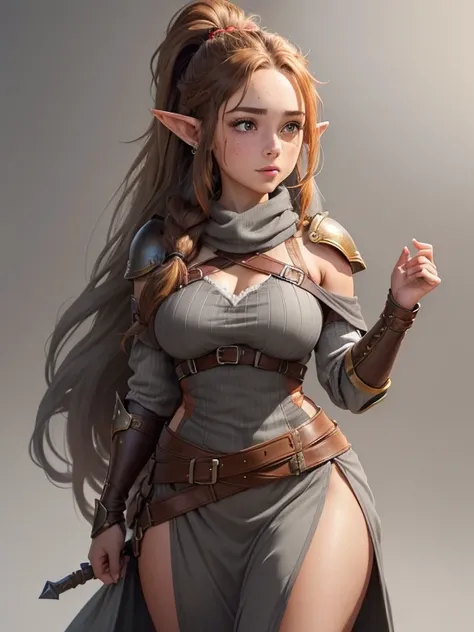 ((Best quality))) (((HD))) (((8K))) (Character) 20-year-old woman, ((Adventurous)) elf, ((Beautiful)) and ((cheerfulness)), (freckles), ((Brown hair)) and ((Long hair:1.5) and (ponytail)). voluptuous and chunky design, Brown hair body large breasts thick t...