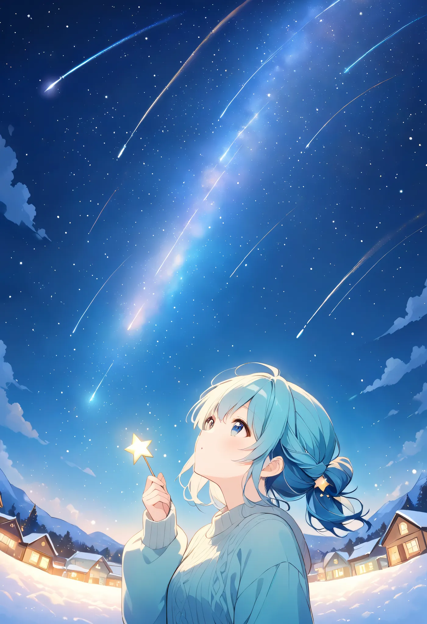 Gentle colors、  Thin Soft Painting Style、half updo、multicolored hair,sweater、night、Snow Town、Sparkling starry sky、 shooting stars、Meteor Shower、 looking up at the sky ,Make a wish for a star 