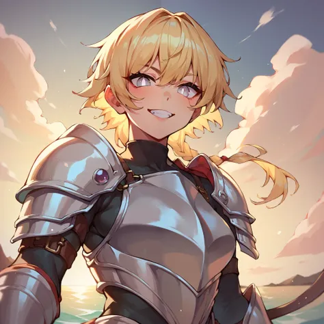 a tomboy with long blonde hair and white eyes, she has no pupils. she stands over you while on a beach. she is wearing light armor with a helmet. she is smiling at you, looking down at you.]