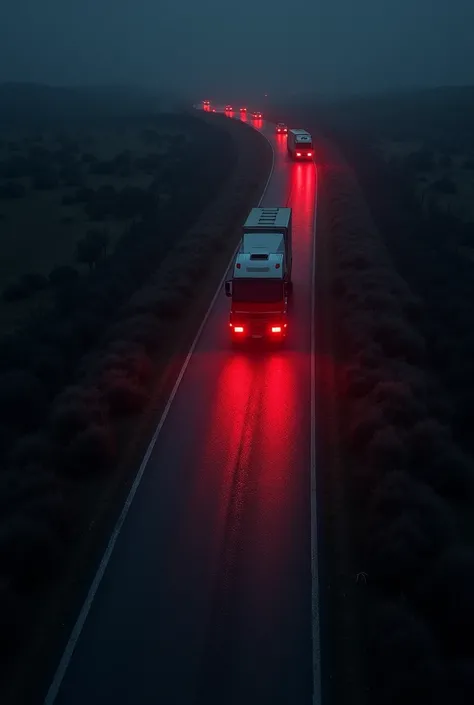 A dark road in darkness at night where, in a view from above, you can see a day truck with red headlights chasing another truck