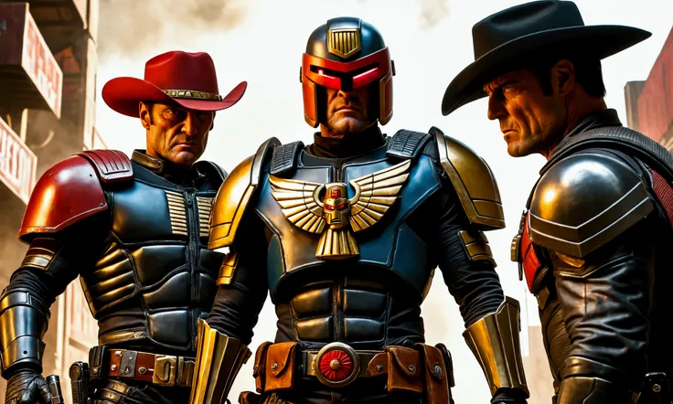 Comics judge dredd in a cowboy themed armor and broad rimmed hat helmet, big badge, huge gun. He is confronting cyborg villain cowboys, explosive shootout, high danger, broken cyborgs
