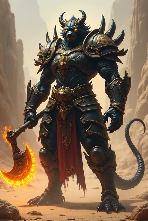 A hybrid creature combining the fierce features of a black scorpion and a tiger. The hybrid stands tall in elaborate warrior armor, with a glowing, molten crescent moon axe in its claw. The axe radiates an intense fiery heat, symbolizing raw power. Its sta...