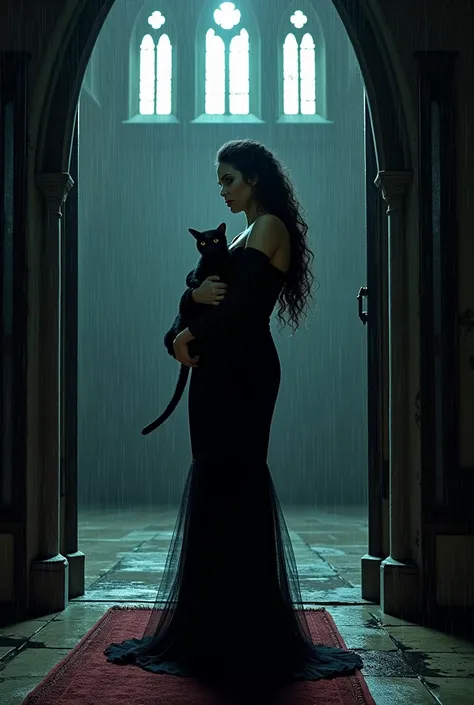 A cinematic masterpiece unfolds as a bewitching adult woman, dressed in all black mourning attire, stands outside the grand entrance of an old Gothic church. The stormy night rages on, with lightning flashes illuminating her striking features and rare beau...