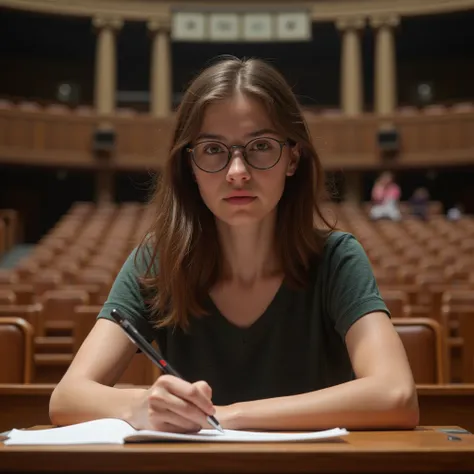 a mathematics student, (female), 25 year old, european, brown hair, hyperrealistic, ultrahd, 4k, in a Lecture hall