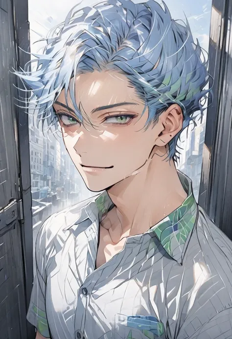  Handsome，male， Blue Hair ， green eyes ，shirt，daily