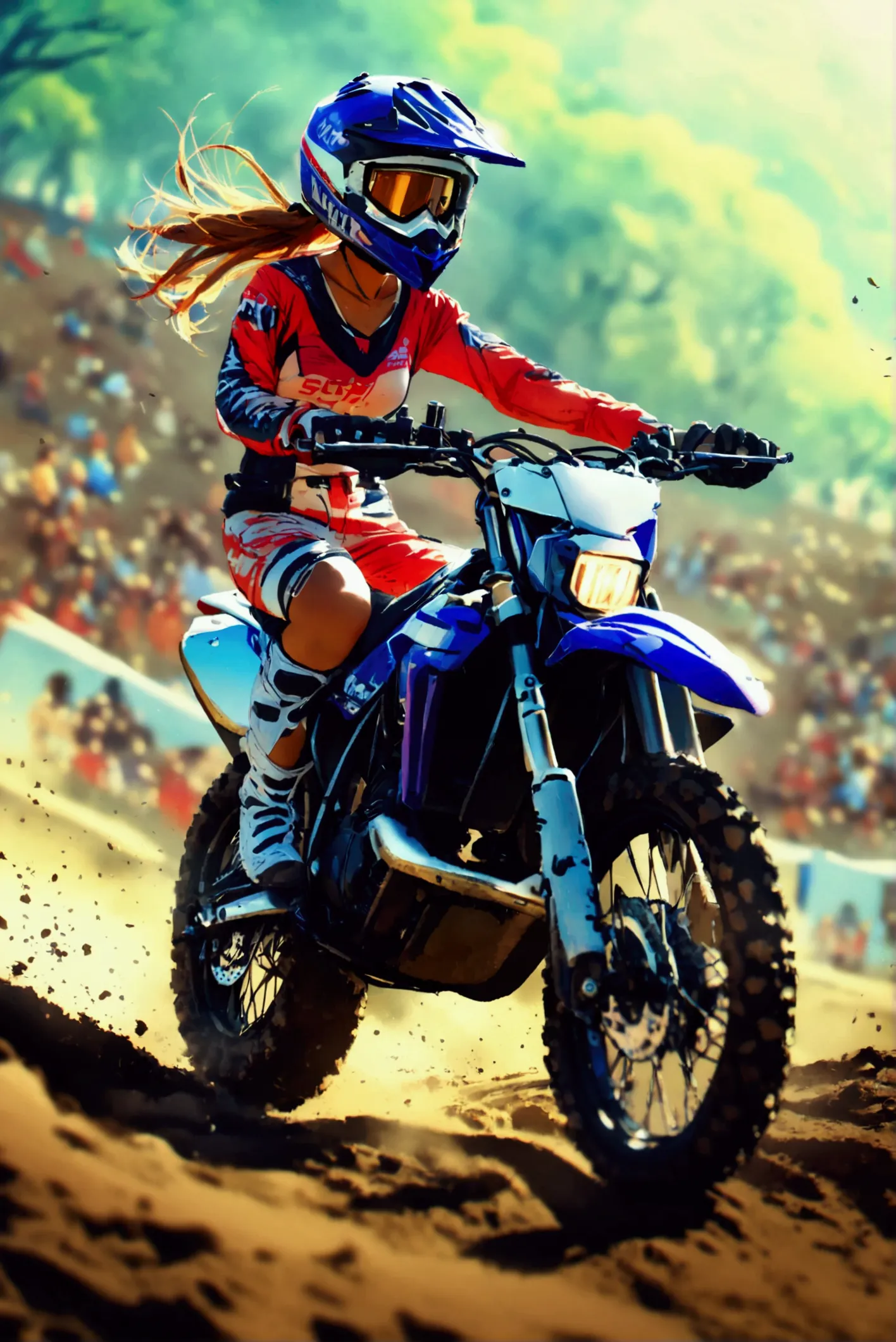 1 girl,   glossy brown skin, abs,motocross racing,yamaha wr250, motorcycle riding,