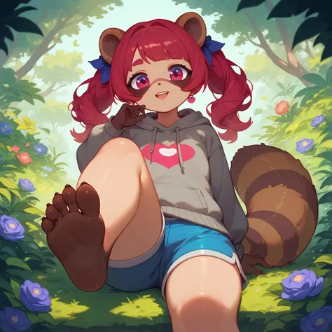 just a girl,  brown raccoon ears , brown raccoon tail ,  left eye color crimson ,  right eye color purple ,  hair divided into two stripes ,  hair color right side purple ,  hair color left side crimson, grey sweatshirt,  foot fetish ,  blue shorts ,  the ...