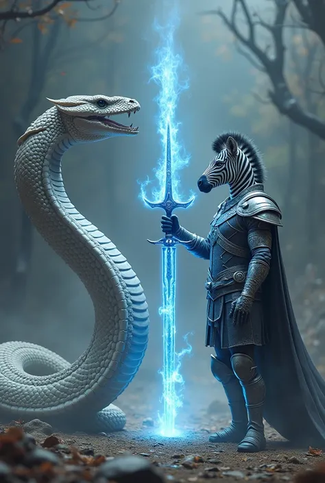 A massive white-gray cobra faces a zebra clad in warrior armor. The zebra wields an Excalibur sword, its blade glowing with a radiant blue flame, creating a striking and intense confrontation.
