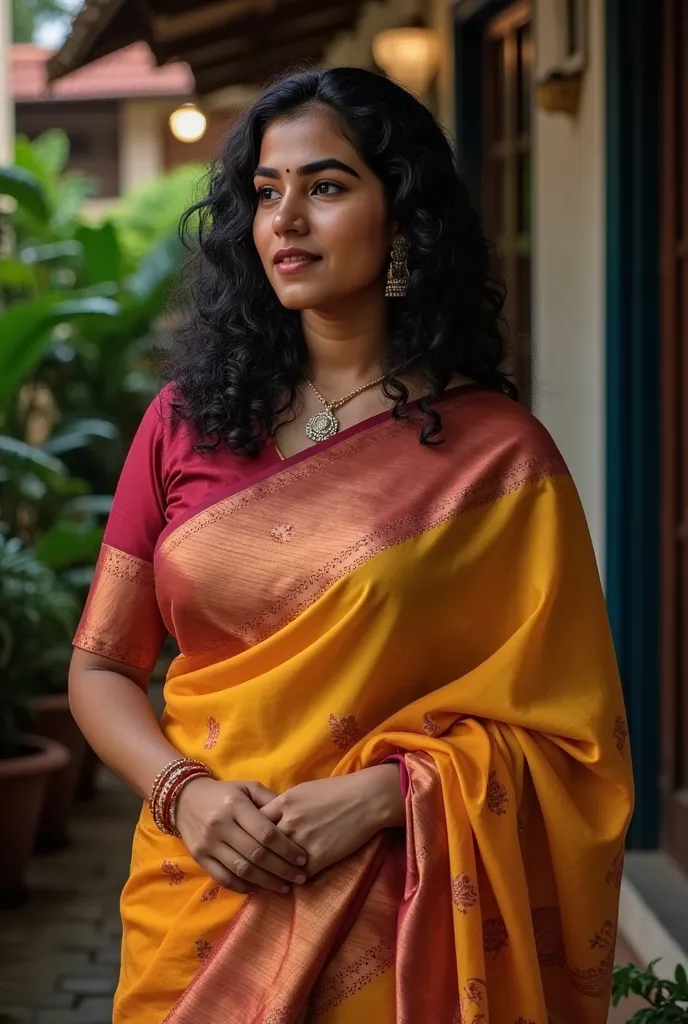 a beautiful curvy indian girl with big breasts (wearing saree), hyper realistic