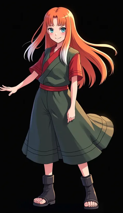   create an anime character. Mai Yamamoto  ( Naruto Shippūden)   ( FOURTEEN YEARS ).  full body .  Designed by manga artist Masashi Kishimoto, creator of the anime  "Naruto Shippuden" Exactly like in the anime .  fire-colored straight hair animation with t...