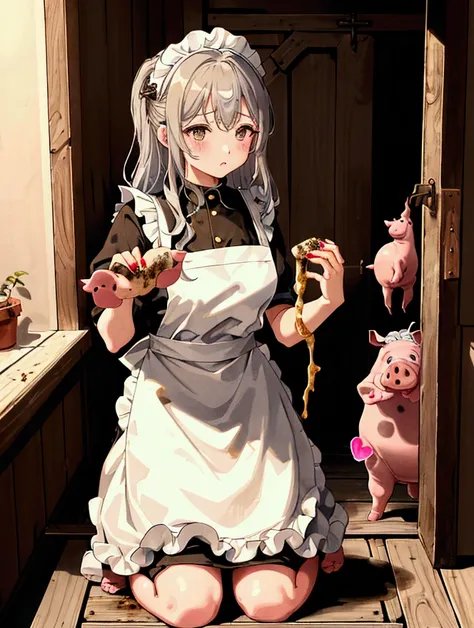  best quality, masterpiece,  ultra high resolution, 💩、One Woman、 Slave Who Cleans the Piggy House 、Medium to large breasts、 with pig poop 、Darely Poop Girl 、Medium、Unkempt silver hair、 Cheap Maid Apron Dress That Seems Hard to Move 、 Apron Dress Thats So D...