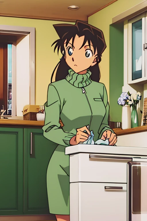 {{{mouri ran}}},{{{Detective Conan}}},{{{long hair}}},{{{official style}}},{{{adult}}},green dress,one-piece dress,turtleneck,green miniskirt, {light green cropped jacket},{light green cropped jacket},green socks,,sink,laundry,kitchen,bringing upper body t...