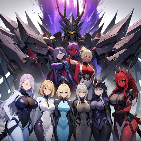 Anime, high detailed, multiple womans, mature womans, indigo mecha armor, large mechanical wings, evil grin, large clawed Gauntlet, red skin, curvy body, long mechanical tail,black sclera、Colored sclera、crimson Colored skin、Yellow Eyes, elongated pupils,  ...