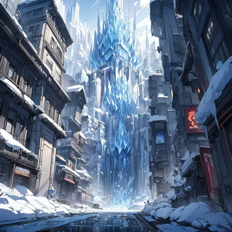 Anime, high detailed, a frozen-solid city