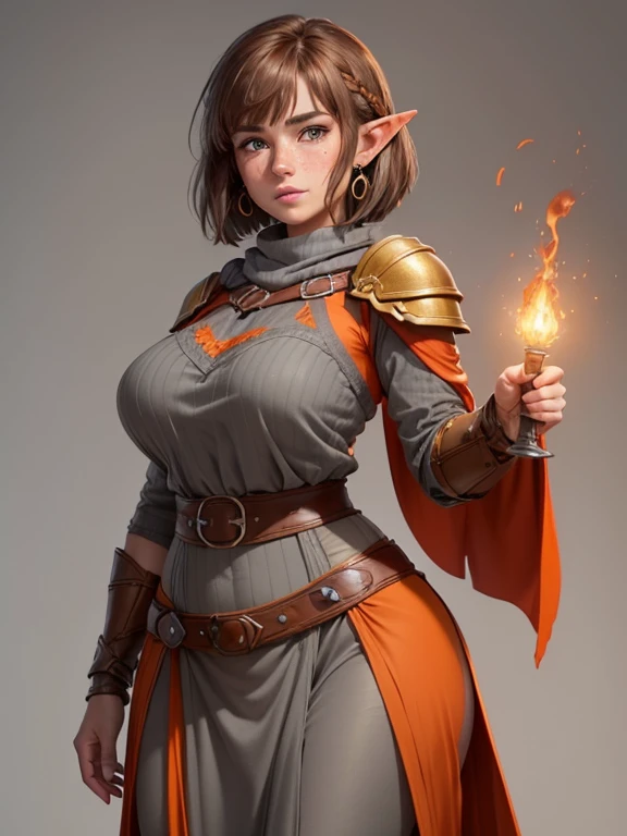 ((Best quality))) (((HD))) (((8K))) (Character) 20-year-old woman, ((Adventurous)), elf, ((Beautiful)) and ((cheerfulness)), (freckles),  ((brown hair)) and ((hair just touching shoulders:1.2)) and (bob cut))), voluptuous and chunky design, Brown hair body...