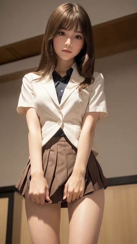 Product quality,1 girl,(Shooting from below:1.4),(Thigh Emphasis:1.4),Young and pretty girl in Japan,Daytime, (High school classroom:1.2),(Short sleeve shirt:1.3),(Schoolgirl uniform:1.3),(blazer:1.3), (Ultra mini pleated skirt in white:1.5),(Skirt Lift,No...