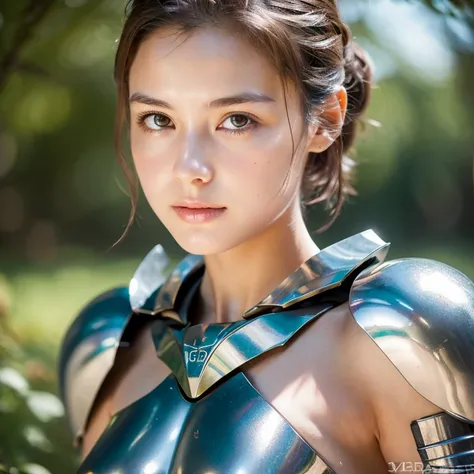 ( Top Quality , masterpiece), 1 woman, 8k,  realistic photo ,  Realistic Skin Textures,  Superrealism . Cybug, Cybug, Metal Armor ,  Exposed Breasts ,  Natural Lighting .