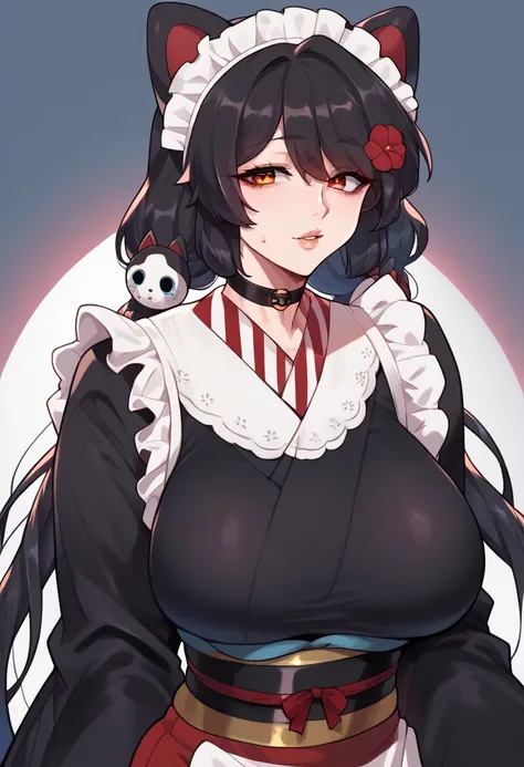 Hyper realistic, it1, flower, twintails, low twintails, very long hair, dog girl、
choker, maid headdress, black kimono, wide sleeves, frills, obi, white apron, sleeves past wrists, skirt, red skirt, , milf, mature female, perfect face, perfect lighting, se...