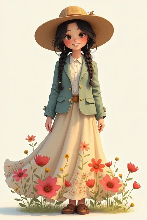 Girl full body with white complexion dark colored cheeks smiling with very long skirt wide to the ankles of flowers and unicolor buttoned bleizer with hat and hairstyle with two braids