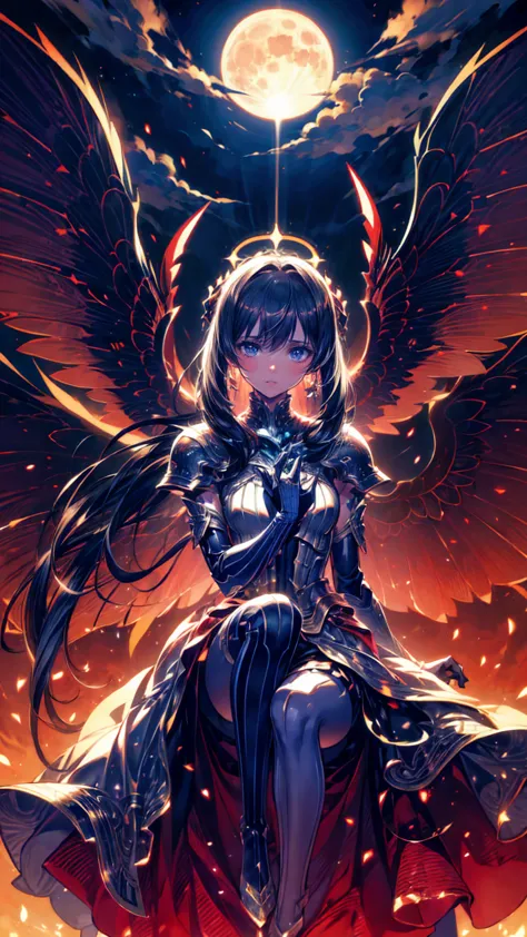 an epic fantasy art  portrait of aasimar, woman, paladin ready for battle under the full moon, Holy Knight,Grab a weapon  , shining angel halo ,  spread wings {x} dynamic hairstyle {x} spread out your wings and put on big wings , Majestic Wings, white Ange...