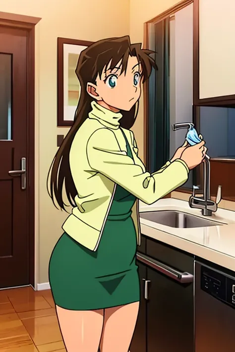 {{{mouri ran}}},{{{Detective Conan}}},{{{long hair}}},{{{official style}}},{{{adult}}},green dress,one-piece dress,turtleneck,green miniskirt, {light green cropped jacket},{light green cropped jacket},green socks,,sink,laundry,kitchen,bringing upper body t...