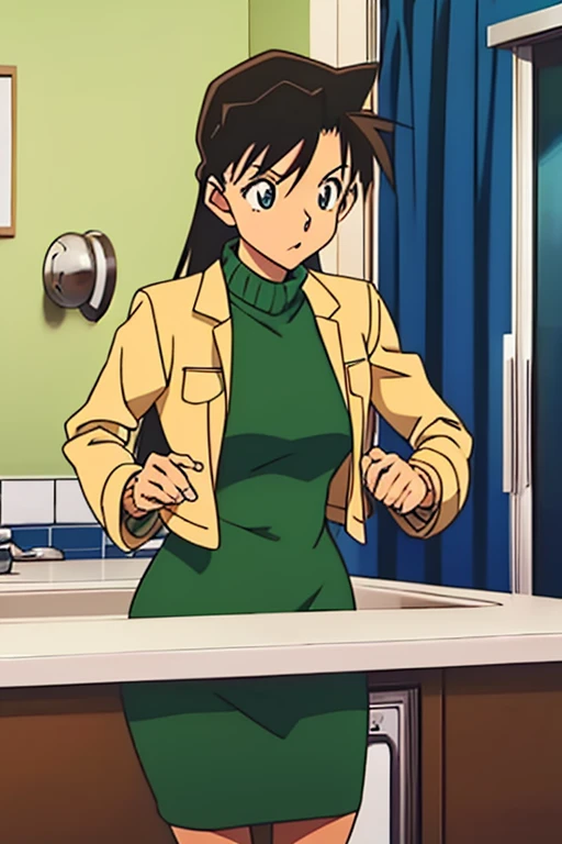 {{{mouri ran}}},{{{Detective Conan}}},{{{long hair}}},{{{official style}}},{{{adult}}},green dress,one-piece dress,turtleneck,green miniskirt, {light green cropped jacket},{light green cropped jacket},green socks,,sink,laundry,kitchen,bringing upper body t...