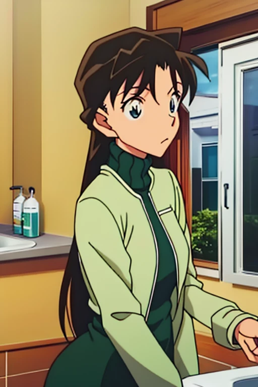 {{{mouri ran}}},{{{Detective Conan}}},{{{long hair}}},{{{official style}}},{{{adult}}},green dress,one-piece dress,turtleneck,green miniskirt, {light green cropped jacket},{light green cropped jacket},green socks,,sink,laundry,kitchen,bringing upper body t...