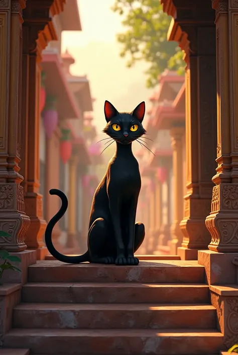 Black cat standing in indian house steps