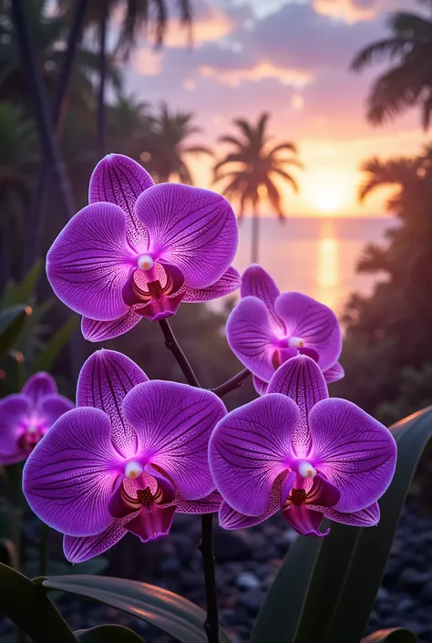 Island of Bright Orchids: A tropical island where giant orchids glow softly in shades of purple. The light of the setting sun passes through the flowers, creating magical shadows.