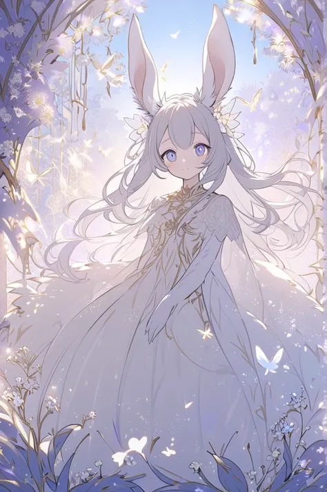  A mythical rabbit with long and hairy ears ,  wearing a light and delicate outfit ,  made of natural fabrics in soft tones , like light pink and lavender.  She has big and bright eyes ,  with a soft golden hue , and a shy smile .  Her hair is made of soft...