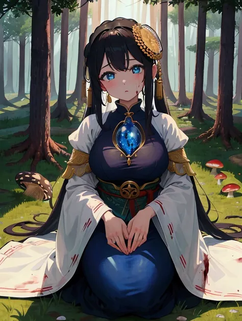  best quality, masterpiece,  ultra high resolution、View from above, female、Large busty、美少female、Medium、Hourglass body type、I ate a poisonous mushroom 、 Fainted on his back on the forest ground、 Blue Face with Blood Drawn 、White of the eyes、Teary-eyed、Overb...