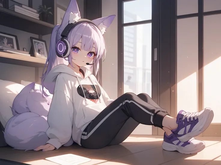 High quality, HD, Fox ears, girl,  light purple hair,  purple eyes ,  cat pupil , white headset , Hoodie, Dolphin Pants, sneakers, 컴퓨터room, room, room송 캠 시점, 깔끔한 room