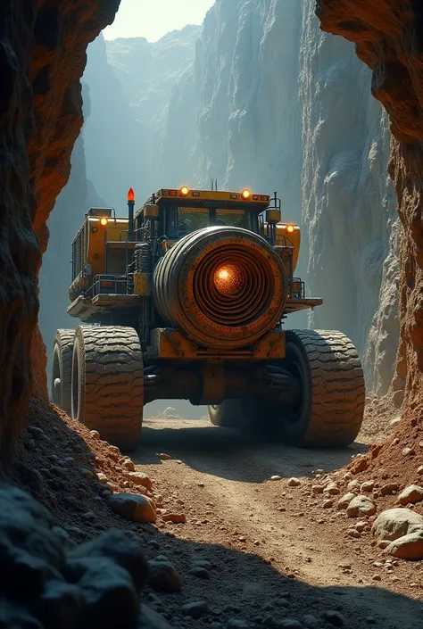 An underground tank equipped with a large spiral cone drill at the front digs into the bedrock.