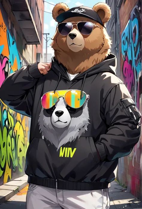 Title: Urban Wild: Graffiti Art of a Street-Style Bear with Sunglasses

Prompt:
Design a dynamic and eye-catching graffiti piece that features a bear wearing sunglasses and dressed in street-style fashion. The artwork should seamlessly blend the wild essen...