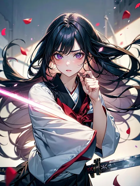  Japanese anime： 1 girl,  Please focus on the beautiful and delicate eyes ,  heterochromia ，Beautiful and delicate lips,  highly detailed eyes and face,  has long eyelashes,  Graceful Posture,  White Long Hair ,  Black Pleated Skirt, (((Glowing Sword,  Mot...