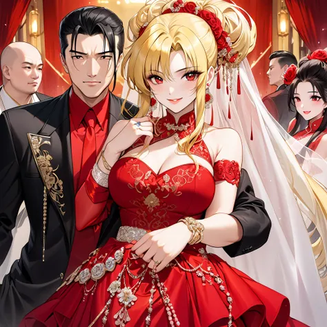 The woman who is the wife of the Chinese Mafia boss is a beautiful blonde Fate Testarossa, wears a gorgeous red wedding dress with vulgar flashy luster, and is adorned with jewelled earrings and bangles, rings, necklaces, waist chains, etc., and as the wif...