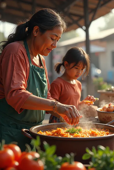  A woman worked daily on a common pot ,  bringing food to needy families ,  buying supplies at the Santa Anita wholesale market. his daughter, who accompanied her ,  grew up admiring her effort .