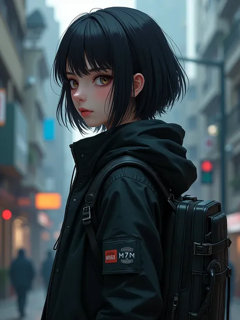 Close up of a dark-haired short haired woman wearing black clothes with a backpack,  cyberpunk anime girl  mech, female  cyberpunk anime girl , digital Cyberpunk anime art,  cyberpunk anime girl , Cyberpunk 20. Model Girl,  mechanical soldier girl , Anime ...