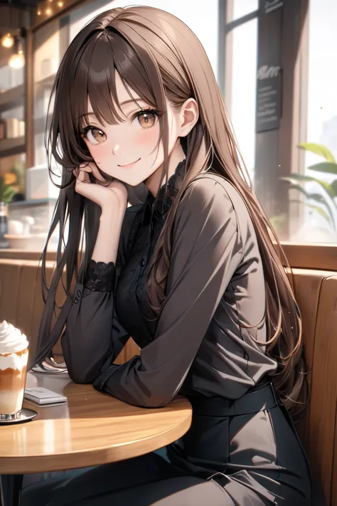 (8k,  best quality, masterpiece: 1.2), Super detailed,  1 girl, cute, solo,  background, Detailed Cafe,  sitting, (smile: 1.15), ( close mouth)  small breasts,  beautiful details , ( colored shirt : 1.1), Business Wear, black lace, ( longhair : 1.2), Float...