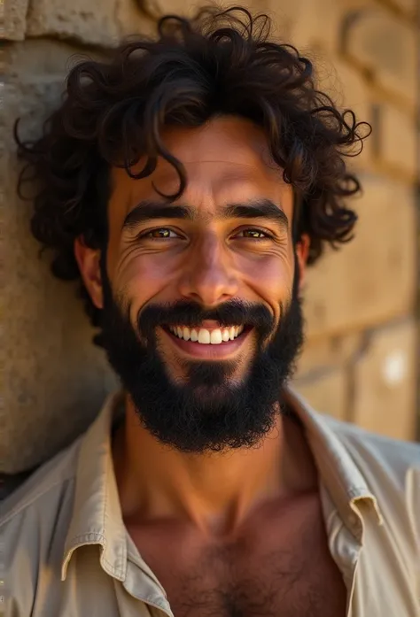 Realistic beautiful Iranian beard man with hazel eyes, 8k masterpiece detailed eyes brown curly hair realistic eyes in sunlight shirtless smiling full body tired of working face gorgeous eyes in a historical place 