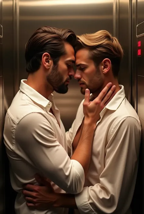 cena: elevator. 45-year-old man with a beard, beautiful, with a white dress shirt, Curl the 25-year-old man .  light brown hair ,  wearing an open white nude linen blouse .  He touches his face against the other mans face,  feeling attracted to him .