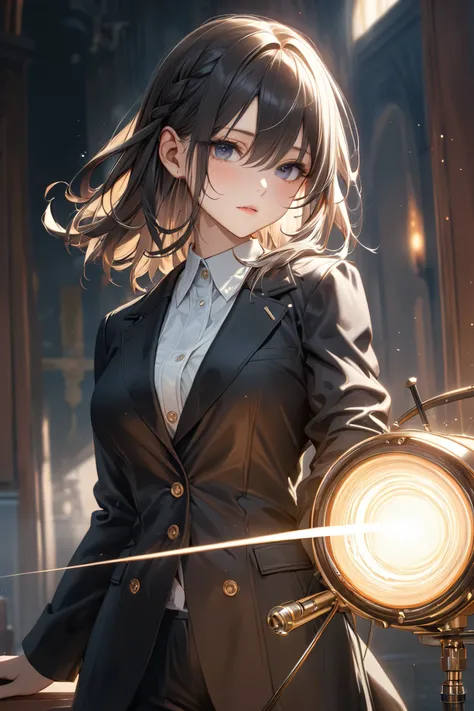  1 girl,masterpiece, (8k,  best quality, masterpiece:1.2), very detailed, super detailed,Master Class, best quality,Illustration,hair_between_eye, perfect lighting ,  COWBOY SHOOTING , CV16, black jacket 