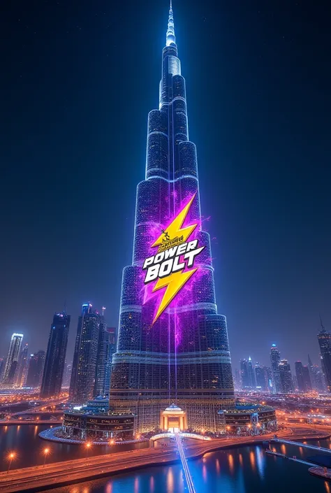 high-resolution digital rendering of Burj Khalifa with a massive, eye-catching banner displaying the Power Bolt Energy Drink logo on the side of the building. The banner is vibrant with electric colors, featuring bold, energetic typography that emphasizes ...