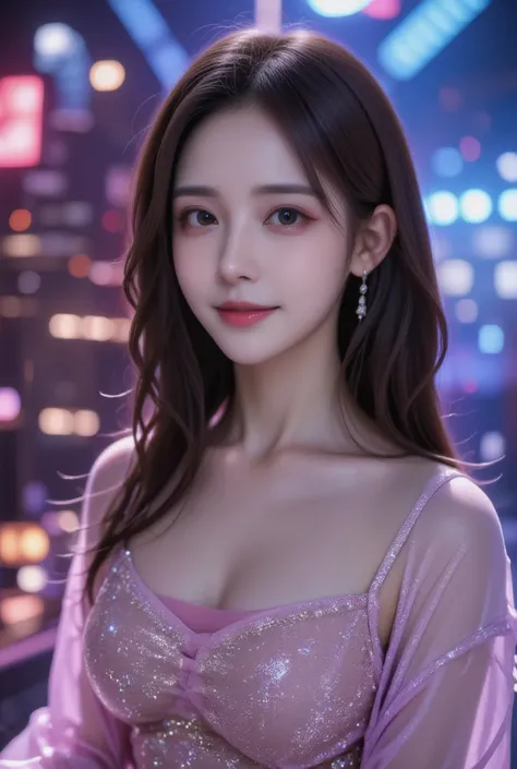   Beautiful Virtual Idols  ,  Detailed Digital Avatars  ,  Bright Holographic Figure , Clear Sparkling Skin  ,  detailed facial features ,  charming smile  , Delicate expression, Long flowing hair,  Elegant Poses  ,  Surreal Futuristic Environments  ,  mul...