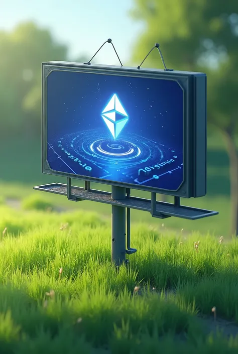  gaming billboard featuring cryptocurrency, billboard on grass , ISOMETRY, turned to the right. ISOMETRY, view from above