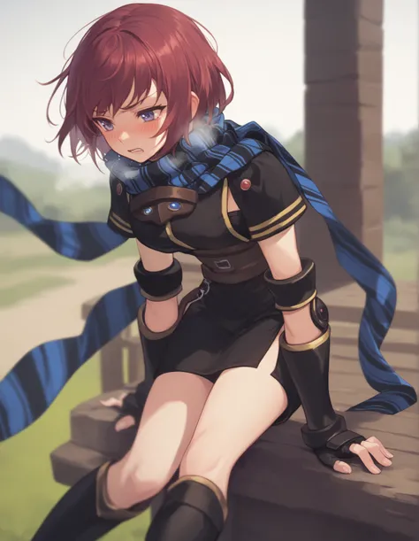  score_9,   score_8_up,  score_7_up nel zelpher,  black dress, Short dress,  striped scarf, Arm guard, Fingerless gloves,  black knee high ,
depth of Field, Field,  blush,  rough breathing