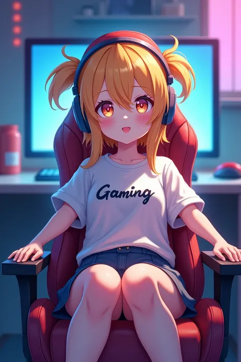 Luminous anime art there is a chick sitting in a Gaming chair wearing a shirt and skirt and wearing a gaming headset behind her there is a computer screen on her front shirt there is a Shan store inscription