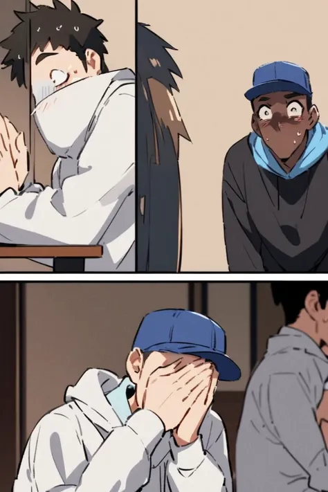 Japanese boy and girl is nervous and covering their mouths unable to speak. The 38 year old black american with a white hoodie and blue cap is watching them and doing a face palm.