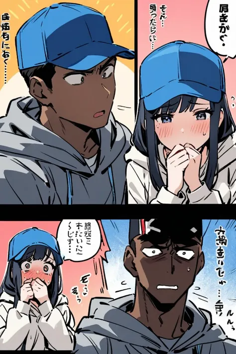 Japanese boy and girl is nervous and covering their mouths unable to speak. The 38 year old black american with a white hoodie and blue cap is sighing in disappointment.