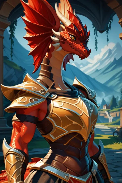  a female dragon anthro, Female Dragon,  with red scales ,  red scaly skin , muscular, high,  of a trained body , with yellow eyes, big strong ,  trained , with armor, with sword,  Best quality ,  masterpiece,  Animated Style ,  animated, 